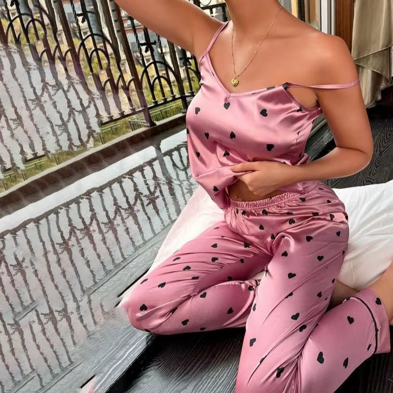 Women Satin Silk Pajamas Sets Letter Print Cami Vest Shirt with Trouser Sleepwear Ladie Sexy Pajama Lingerie Pyjamas Nightwear