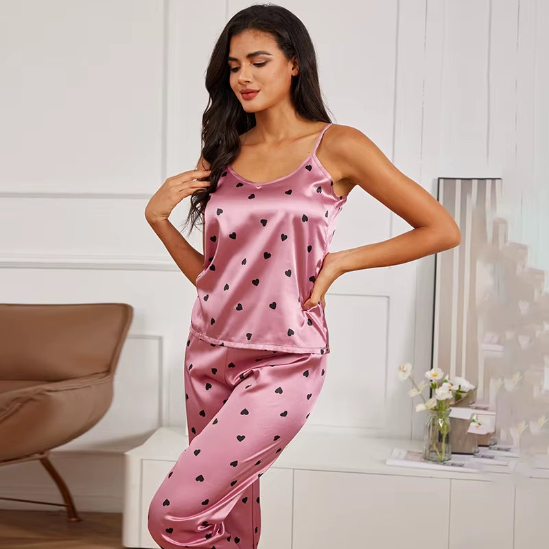 Women Satin Silk Pajamas Sets Letter Print Cami Vest Shirt with Trouser Sleepwear Ladie Sexy Pajama Lingerie Pyjamas Nightwear