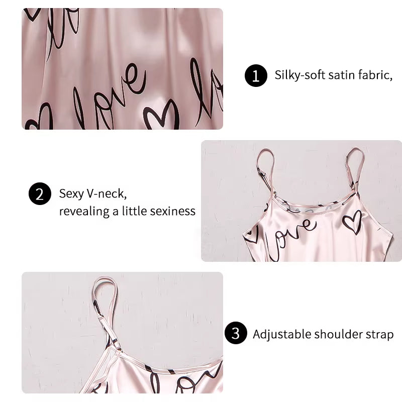 Women Satin Silk Pajamas Sets Letter Print Cami Vest Shirt with Trouser Sleepwear Ladie Sexy Pajama Lingerie Pyjamas Nightwear