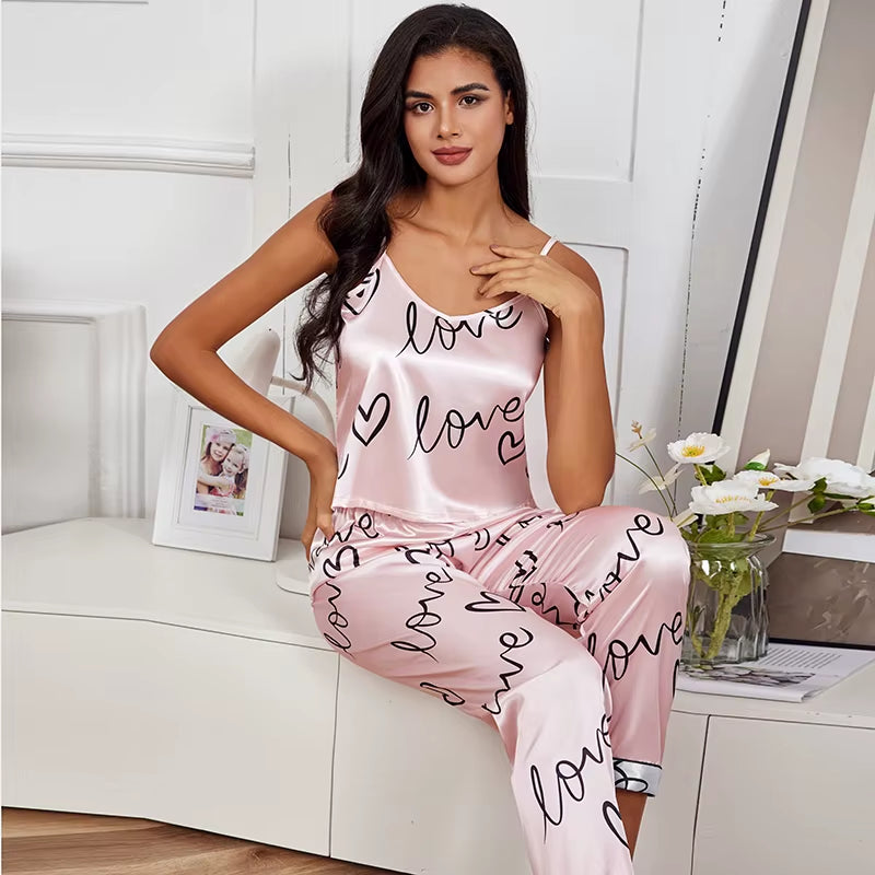 Women Satin Silk Pajamas Sets Letter Print Cami Vest Shirt with Trouser Sleepwear Ladie Sexy Pajama Lingerie Pyjamas Nightwear